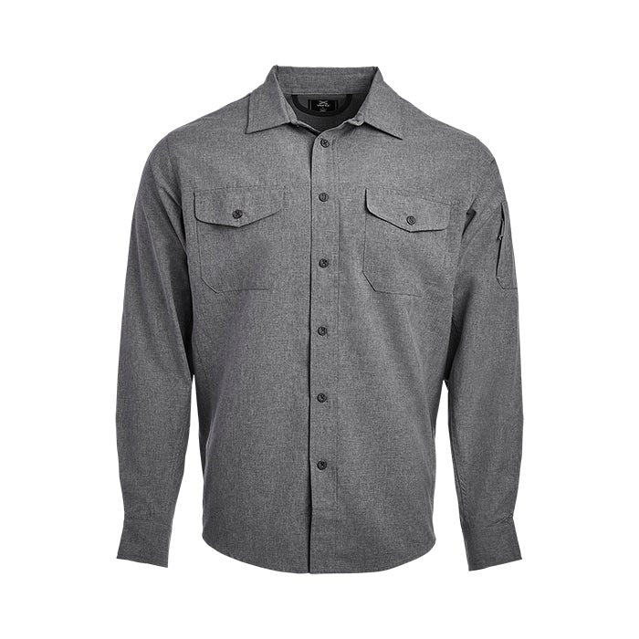 Product shot of a gray long-sleeve button-down shirt featuring two chest pockets and a pen pocket on the sleeve showing subtle texture and dark buttons