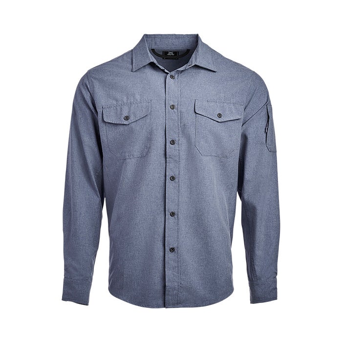 Product shot of a blue long-sleeve shirt with two chest pockets and a pen pocket on the sleeve featuring a subtle textured weave and dark buttons
