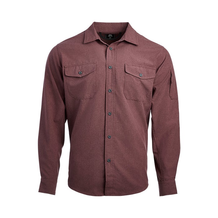 Product shot of a maroon long-sleeved button-down shirt featuring two chest pockets and a pen sleeve dark buttons and a subtle textured fabric