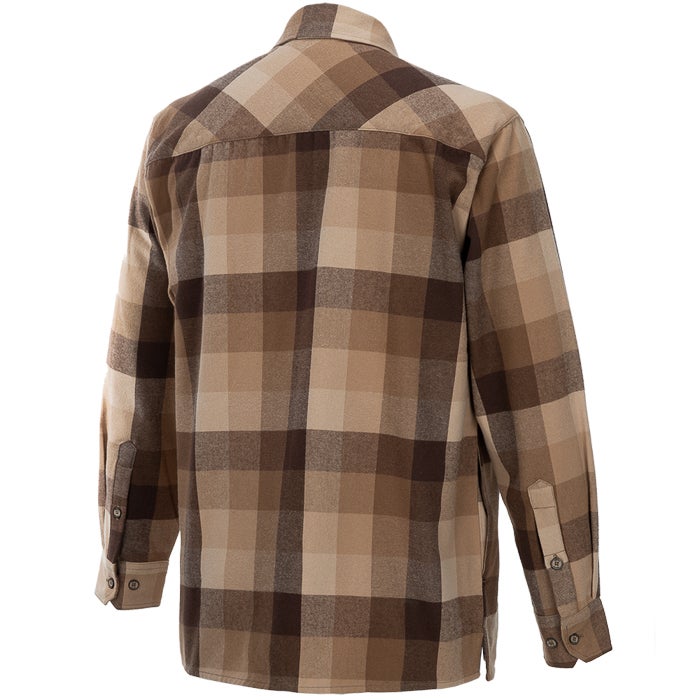 Product shot of a brown and tan plaid flannel shirt showcasing its buttoned cuffs and yoke detail against a white background