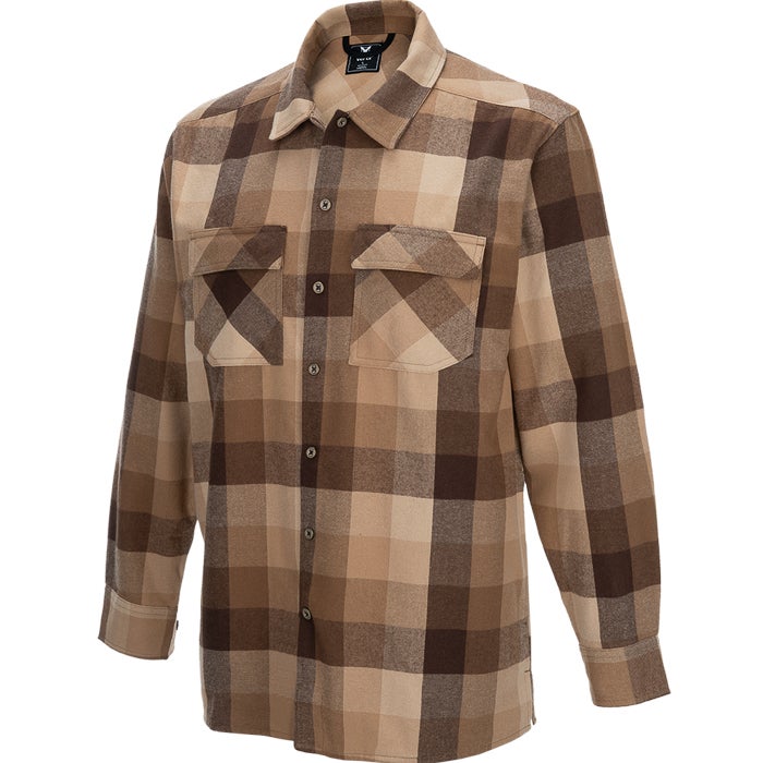 Product shot of a brown and beige plaid long-sleeve button-down shirt featuring two chest pockets and a classic collar showcasing a soft texture and subtle variations in the plaid pattern