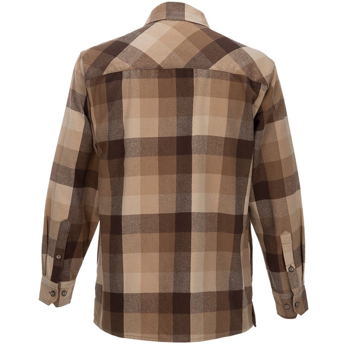 Product shot of a brown and beige plaid flannel shirt featuring a button-down collar, double button cuffs, and yokes with a subtle herringbone pattern