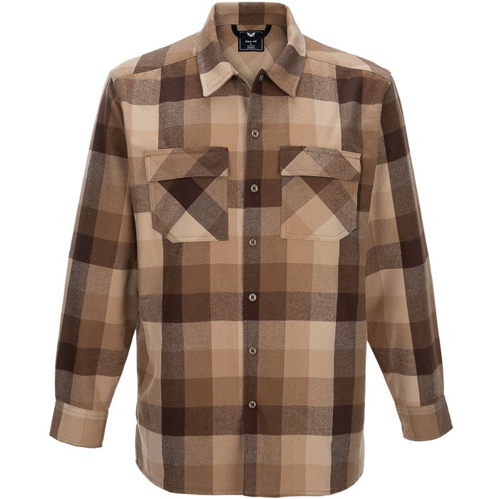 A Volcom men's long-sleeve flannel shirt features a brown and beige plaid pattern with two chest pockets and dark brown buttons showcasing a relaxed fit and soft texture