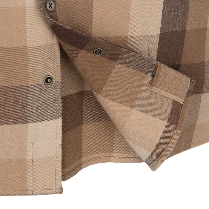 Close-up of a tan and brown plaid flannel shirt showcasing its texture, button details, and interior stitching