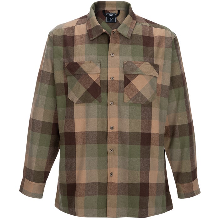 Product shot of a men's long-sleeve flannel shirt featuring a large brown, green, and tan plaid pattern with button-down front and chest pockets