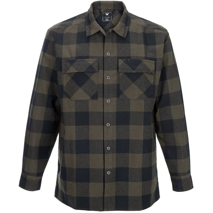 Product shot of a Tylan men's olive and black buffalo plaid flannel long-sleeve shirt featuring button-down closure and two chest pockets with dark buttons