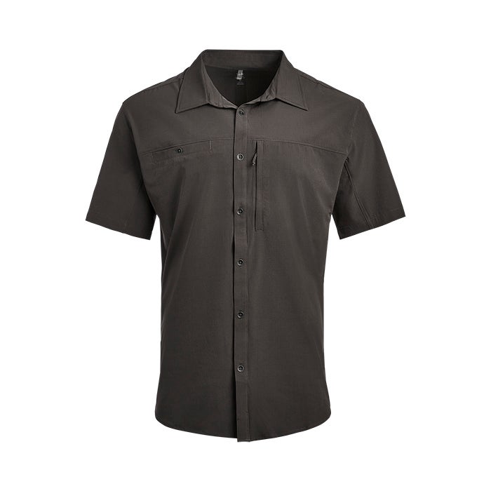 Product shot of a dark gray short-sleeved button-down shirt featuring a zippered chest pocket and two buttoned flap pockets  a classic collar and subtle texture