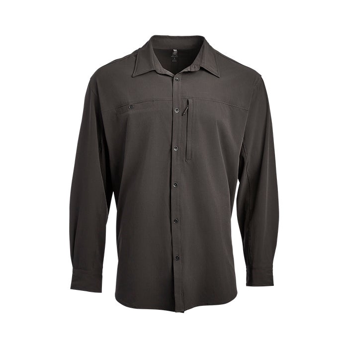 Product shot of a dark gray long-sleeved button-down shirt featuring a chest pocket and zippered sleeve pocket showcasing subtle texture and a relaxed fit