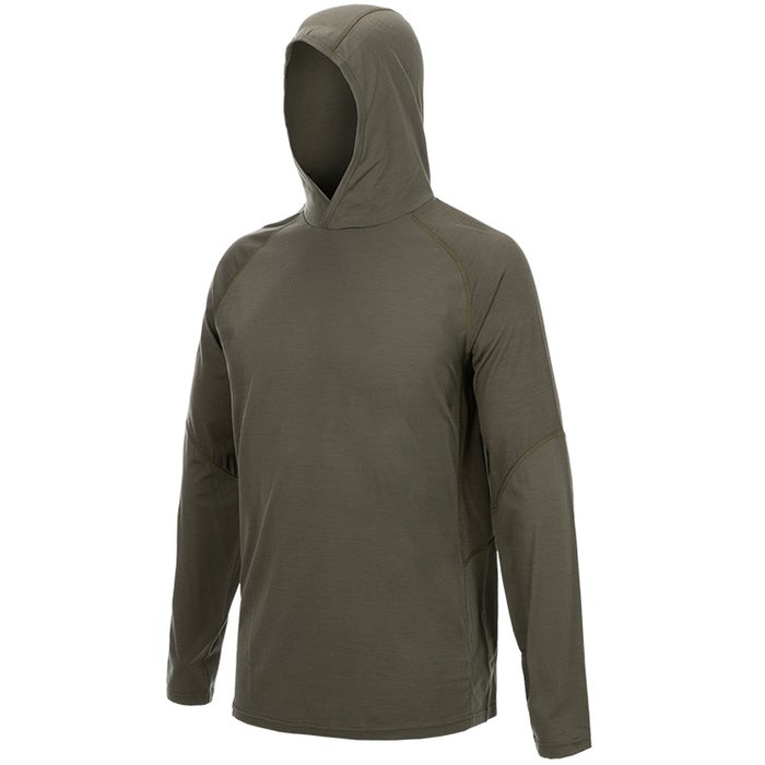 Product shot of a Helikon-Tex long sleeve olive green merino wool hoodie featuring a fitted design and subtle stitching details