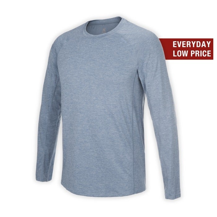 Product shot of a heather blue long-sleeve shirt featuring a crew neck and subtle athletic design details showing off its soft texture and comfortable fit