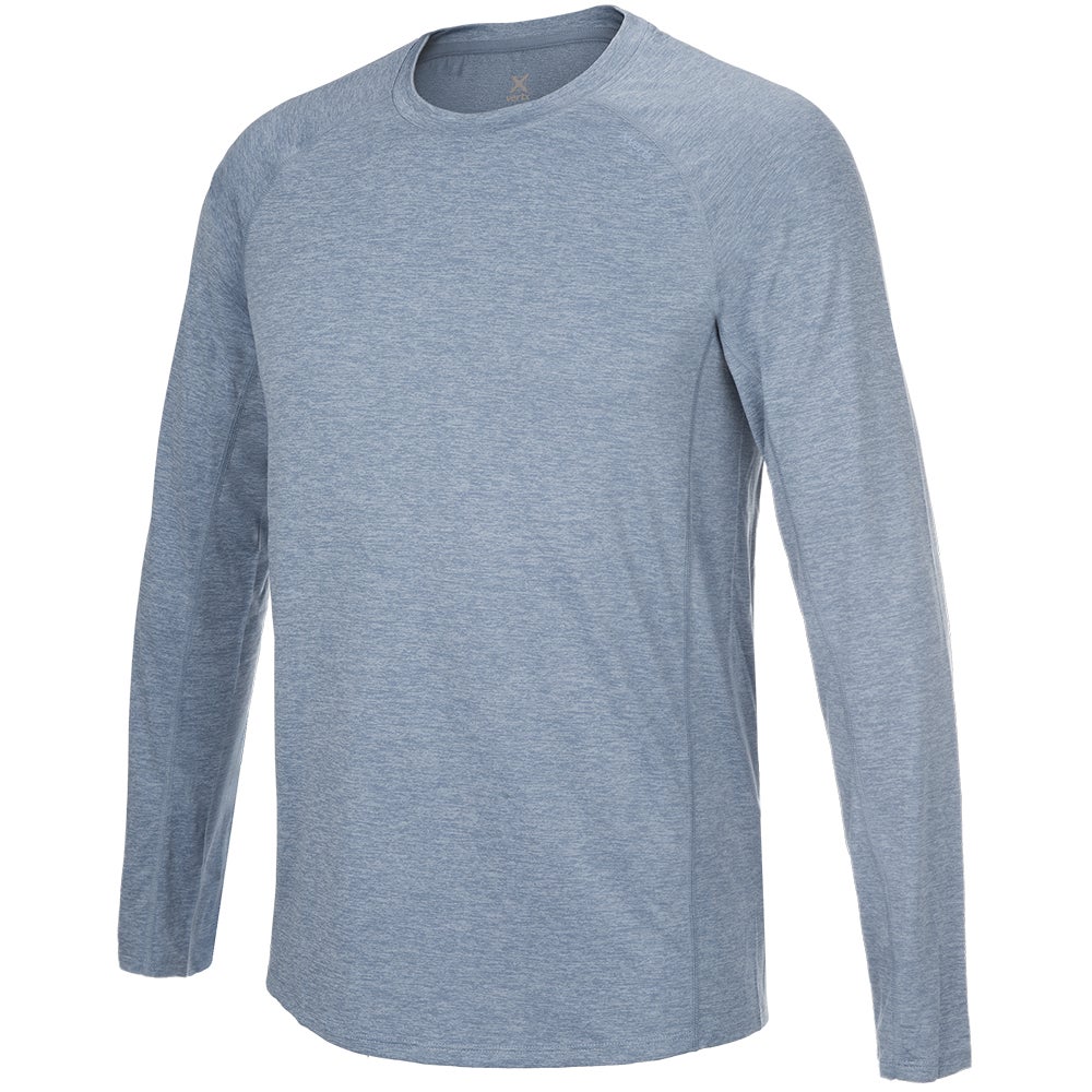 Product shot of a blue heather long sleeve performance shirt showcasing a crew neck raglan sleeves and subtle heathered texture