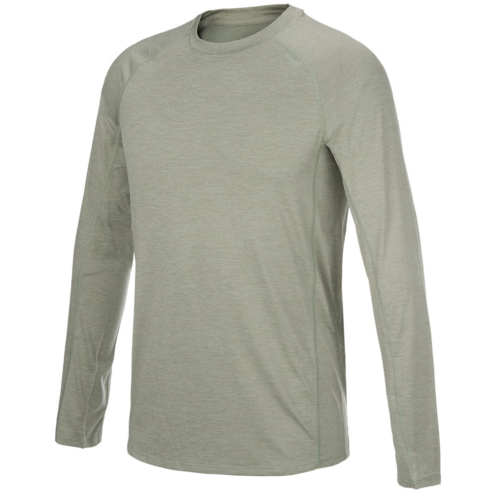 Product shot of a sage green long-sleeved shirt with subtle heather texture and raglan sleeves showing a slightly curved hemline and a small brand logo near the neckline