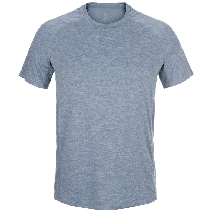 Product shot of a blue heather short-sleeved performance t-shirt featuring raglan sleeves and a subtle heathered texture
