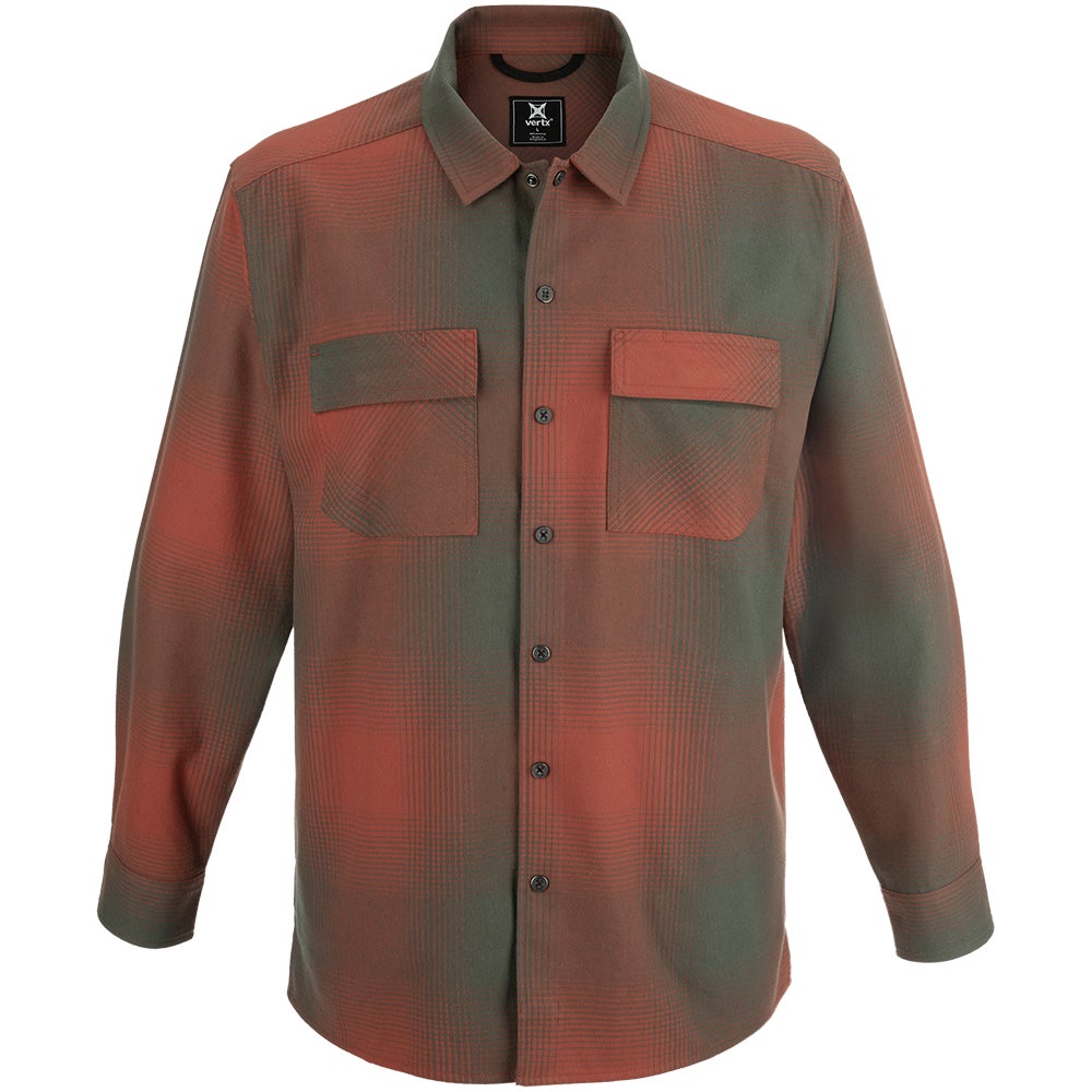 Product shot of a Vertx long-sleeve shirt featuring a red and green plaid pattern, two chest pockets, and dark buttons