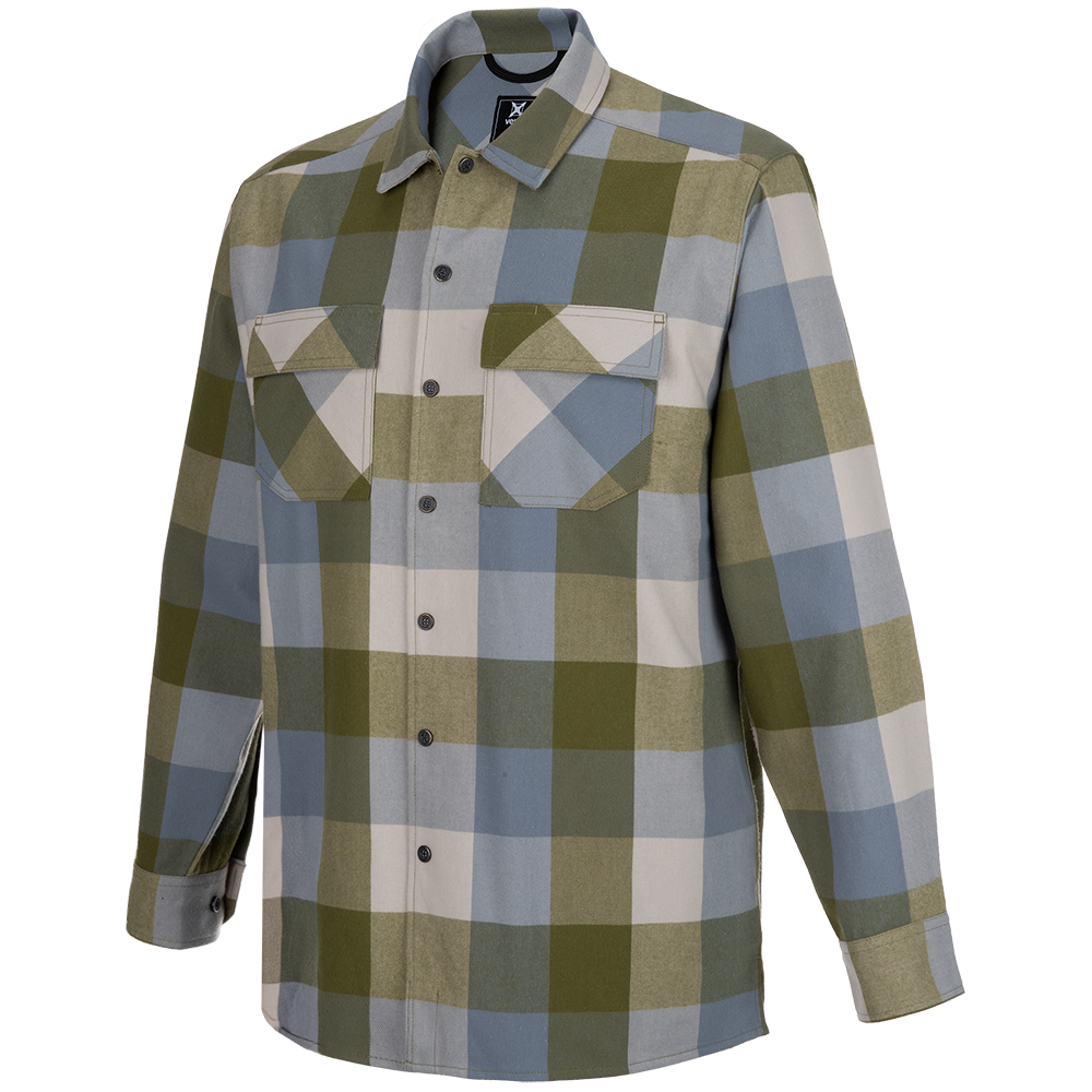Product shot of a long-sleeved button-down flannel shirt featuring a large-check pattern in muted greens, blues, and off-whites with dark buttons and chest pockets.