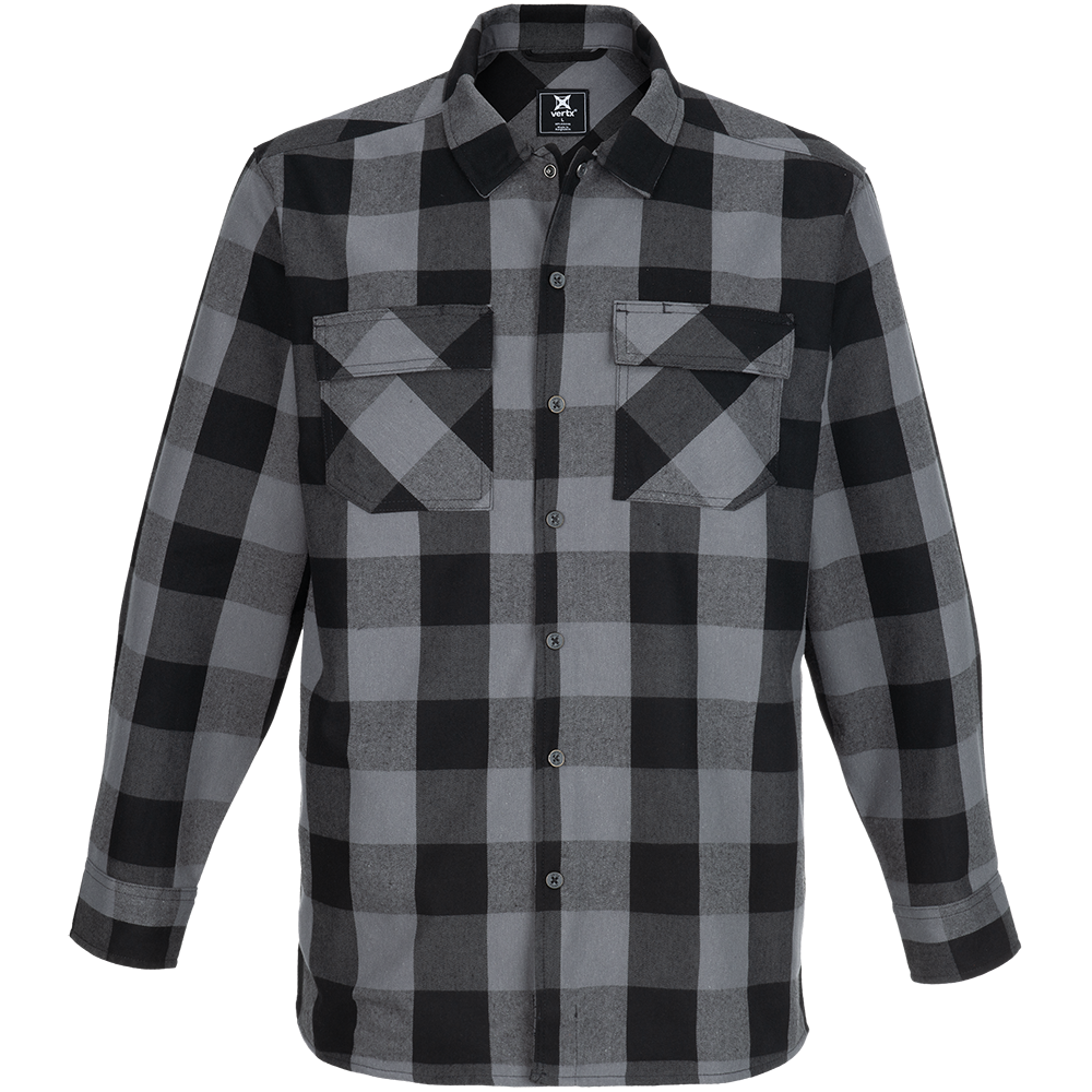 Product shot of a Vertx long-sleeve gray and black plaid flannel shirt featuring two chest pockets and button closures showcasing a bold pattern and soft texture