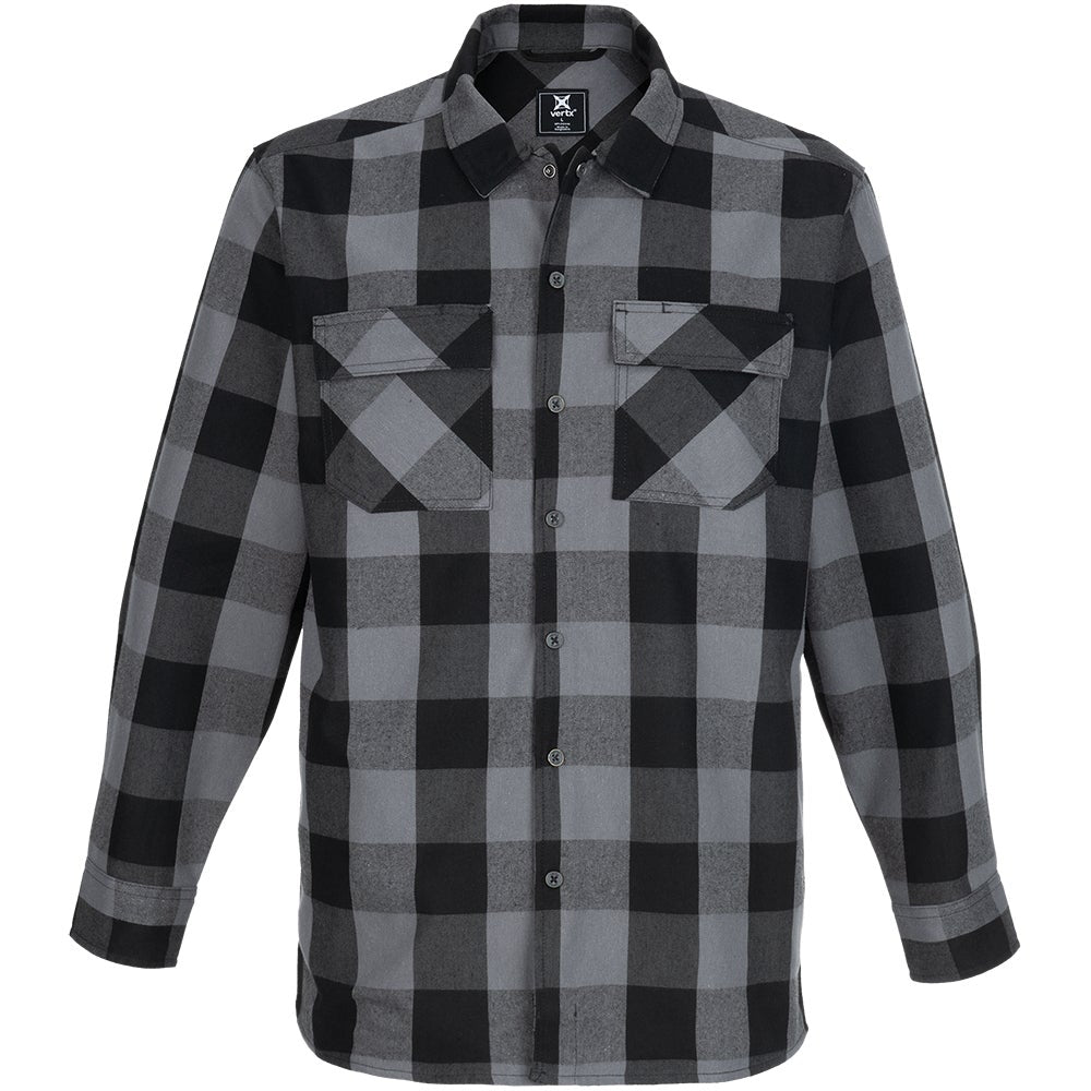 Product shot of a Vertx long-sleeve, gray and black plaid flannel shirt featuring two chest pockets and a button-down collar showcasing its soft texture and bold pattern