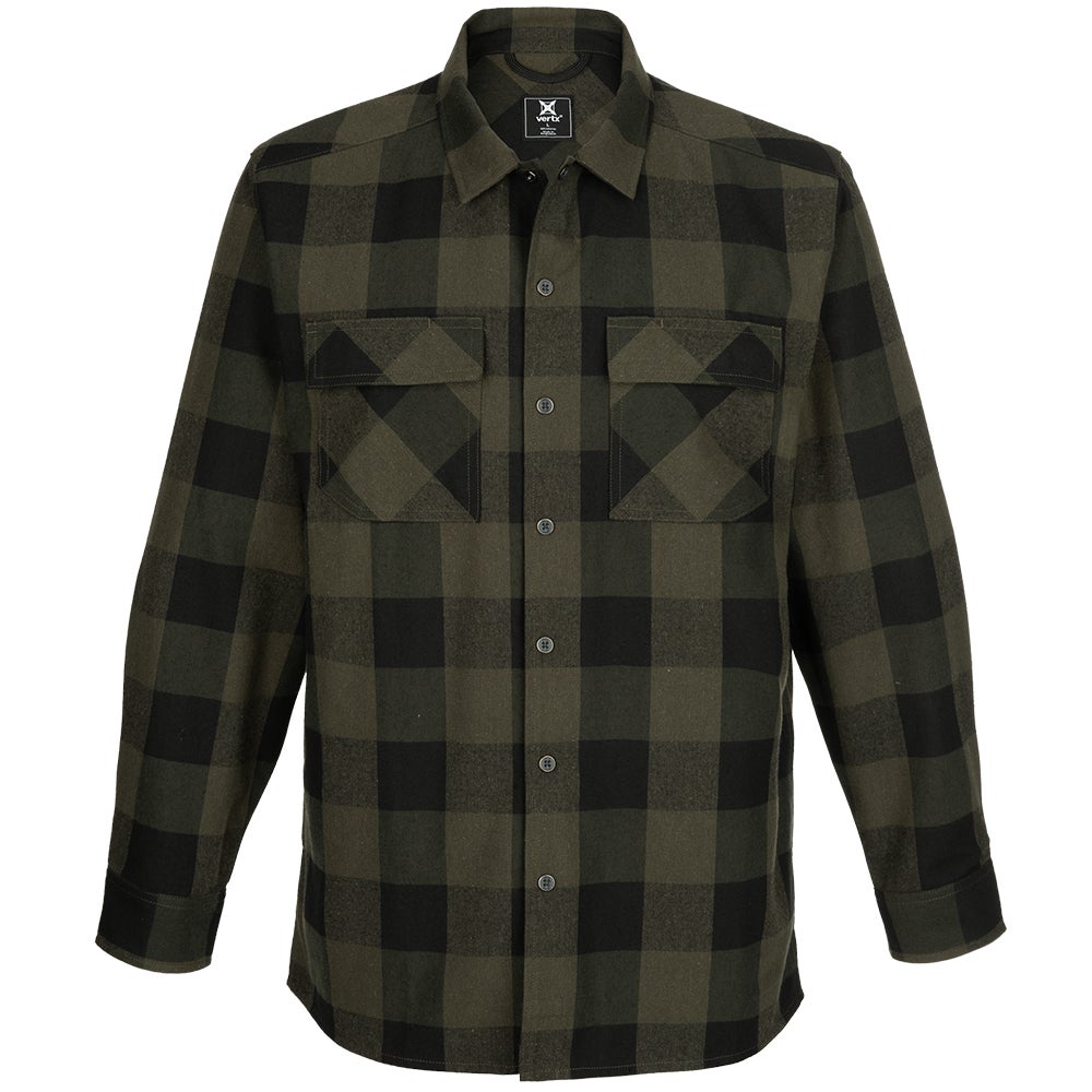 Product shot of a Vertx men's olive and black plaid flannel shirt featuring two chest pockets and a button-down front showcasing a soft texture and a large check pattern