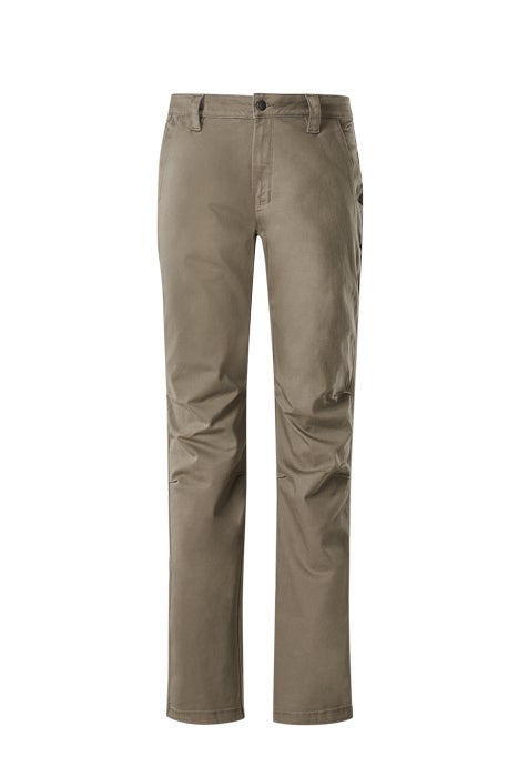 Khaki men's utility pants with a button and zipper closure, belt loops, and subtle knee articulation on a plain white background