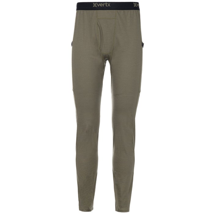 Product shot of Vertx men's olive green tactical leggings featuring a black waistband and subtle side pockets showcasing a durable yet comfortable fabric.