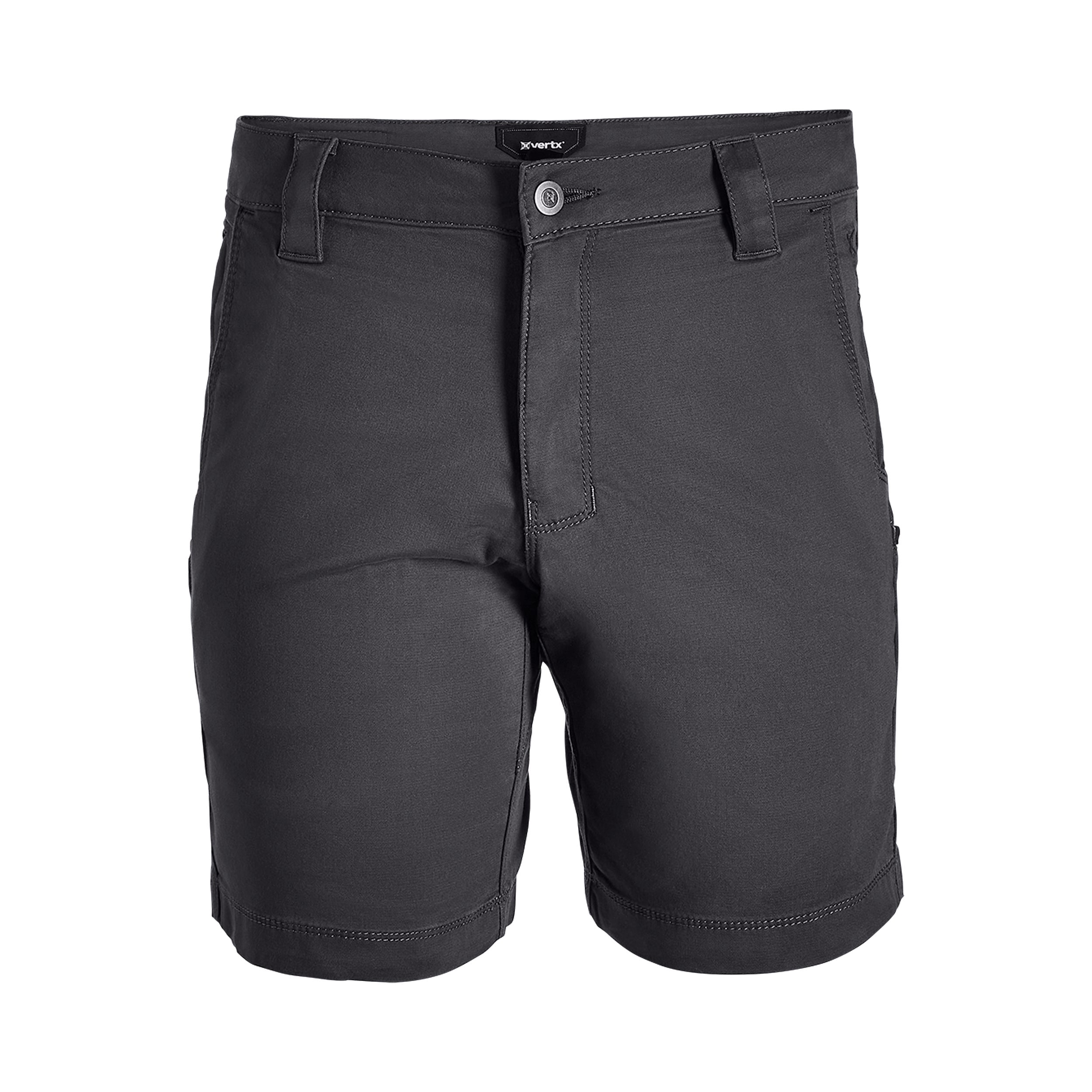 Product shot of xVertx men's dark gray tactical shorts featuring a branded label, button fly, and subtle contrast stitching.