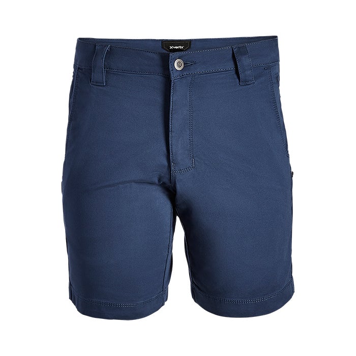 Product shot of Xvertx men's navy blue shorts featuring a button fly and subtle stitching details