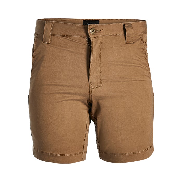 Product shot of khaki colored shorts featuring a button fly and front pockets showing subtle stitching details