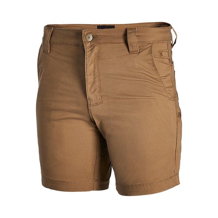 Product shot of brown cotton shorts featuring a button fly and reinforced stitching details on the pockets and hem