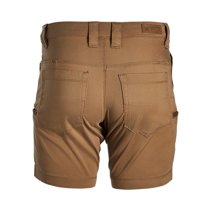 Product shot of Vertx tactical shorts showing back view with brown fabric two back pockets and a small logo patch