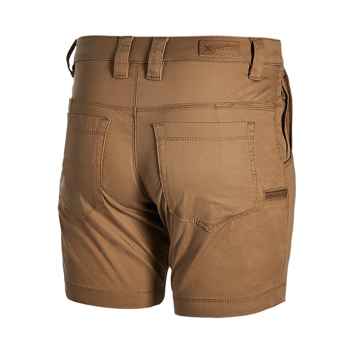 Product shot of brown Vertex women's shorts showing back pockets zipper detail and branded waistband