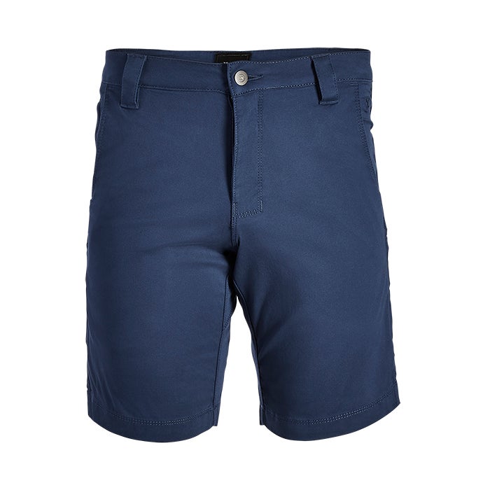 Product shot of a pair of dark blue men's shorts featuring a button fly and a flat front showing subtle stitching detail and a smooth texture