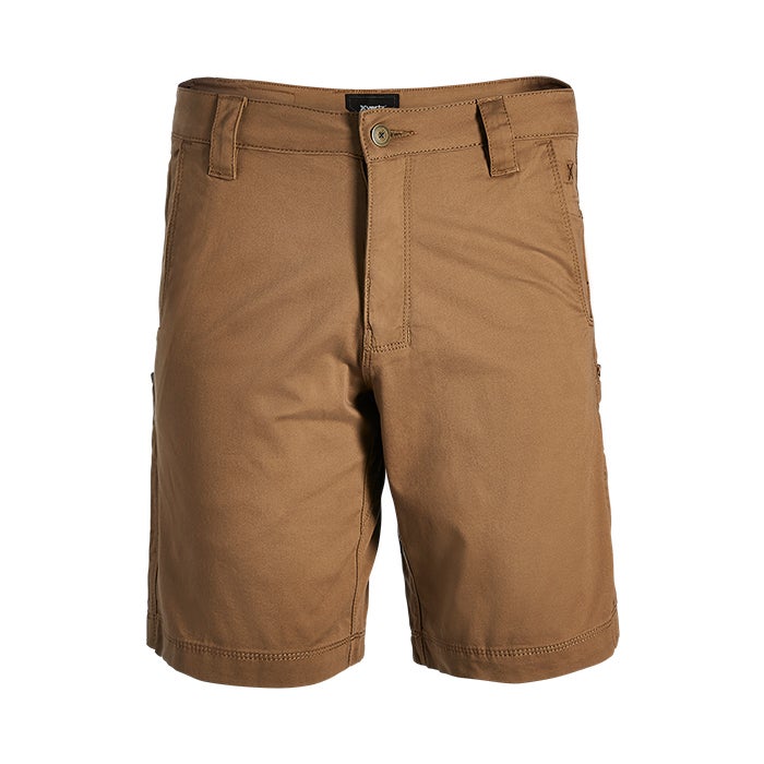 Product shot of brown men's shorts featuring a button fly and two side pockets with topstitching details