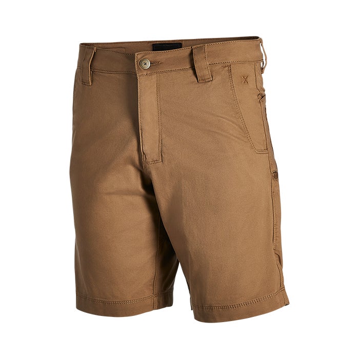 Product shot of brown cotton shorts featuring a button fly, reinforced stitching, and a subtle embroidered logo.