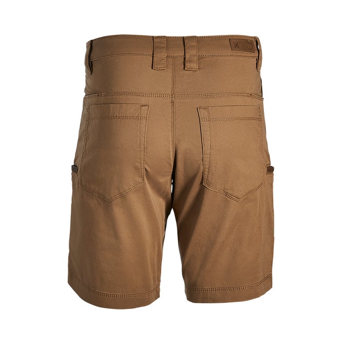 Product shot of brown cotton men's shorts featuring two back pockets and a small utility pocket with contrasting stitching and a leather-like trim detail