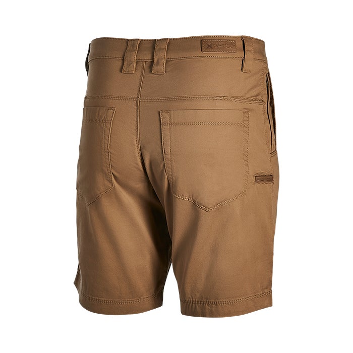 Product shot of brown Xterra men's shorts featuring back pockets, a stitched hem, and a small logo label
