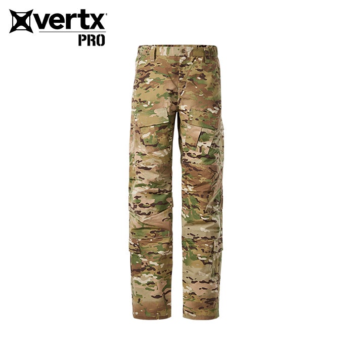 Product shot of Vertx Pro combat trousers featuring a multicam camouflage pattern with numerous pockets and reinforced knees in shades of green tan and brown