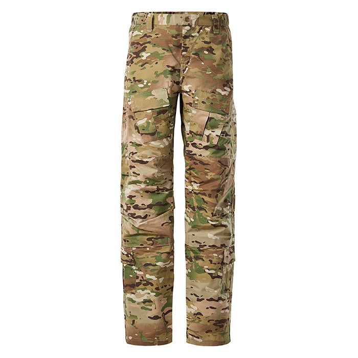 Product shot of camouflage military pants featuring multiple pockets and a muted green brown and tan color scheme