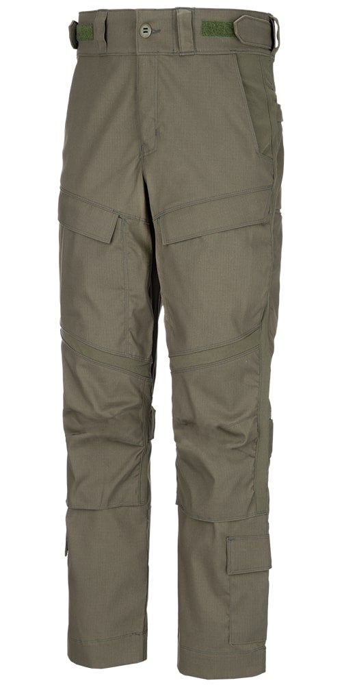 Product shot of olive green tactical pants featuring multiple pockets reinforced knees and a sturdy belt