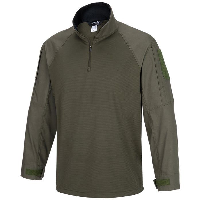Xvert Pro olive green tactical shirt featuring a half-zip closure, reinforced elbow patches and adjustable cuffs showcasing a small Velcro patch area.