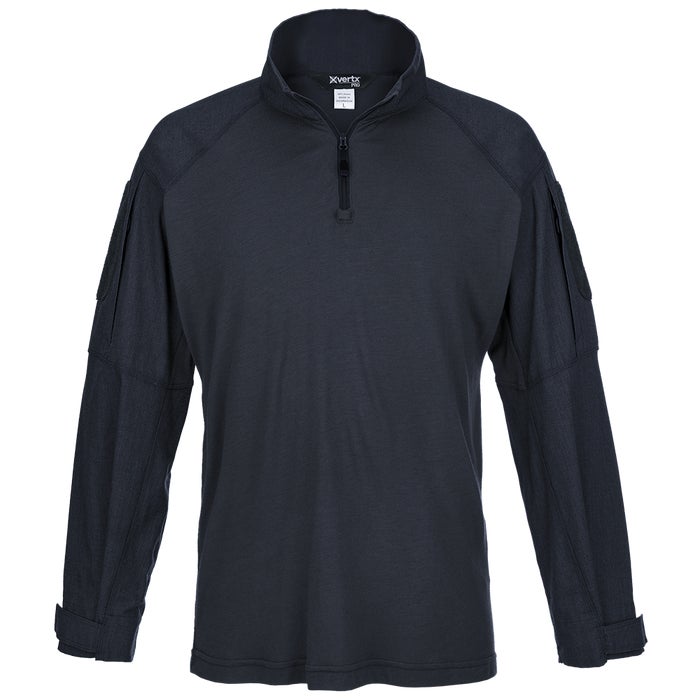 Product shot of a dark navy XVERTEX long-sleeve shirt featuring a half-zip closure, reinforced elbow patches, and two discreet pockets.