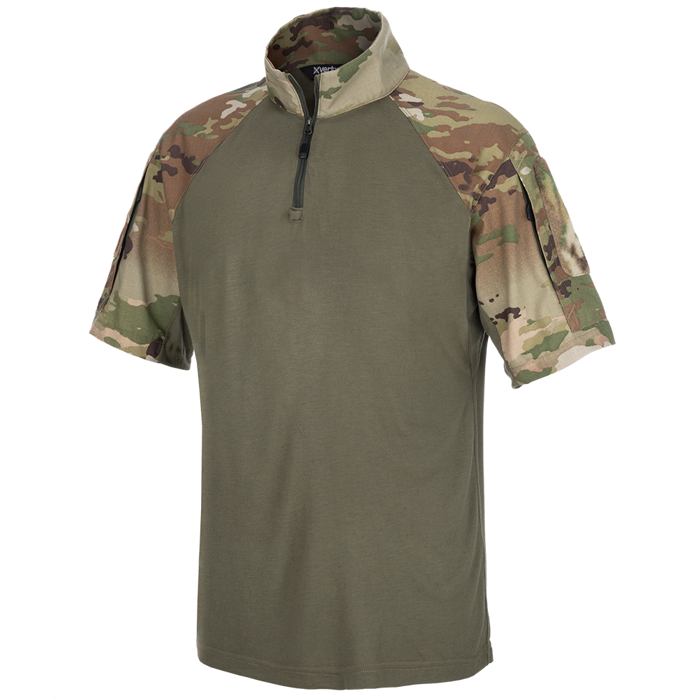 Product shot of a short-sleeve shirt featuring a camouflage print on the shoulders and sleeves a half-zip neckline and a small pocket a muted green body color and subtle texture