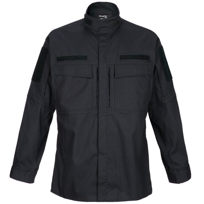 Product shot of a black Xvertx Pro shirt featuring a high collar, two chest pockets, and Velcro patches on the sleeves.