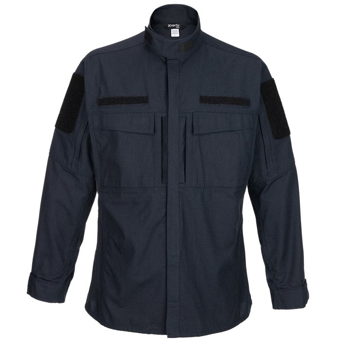Product shot of a navy blue XVERT tactical long-sleeve shirt featuring black hook-and-loop patches and multiple pockets showcasing a durable and functional design