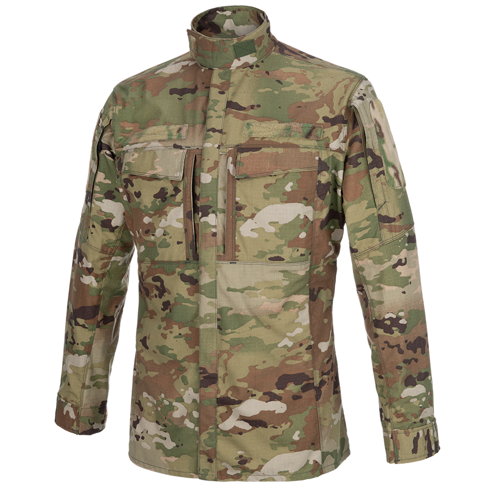 Product shot of a US Army OCP camouflage combat uniform shirt featuring tan green and brown color patterns a zippered front and elbow patches