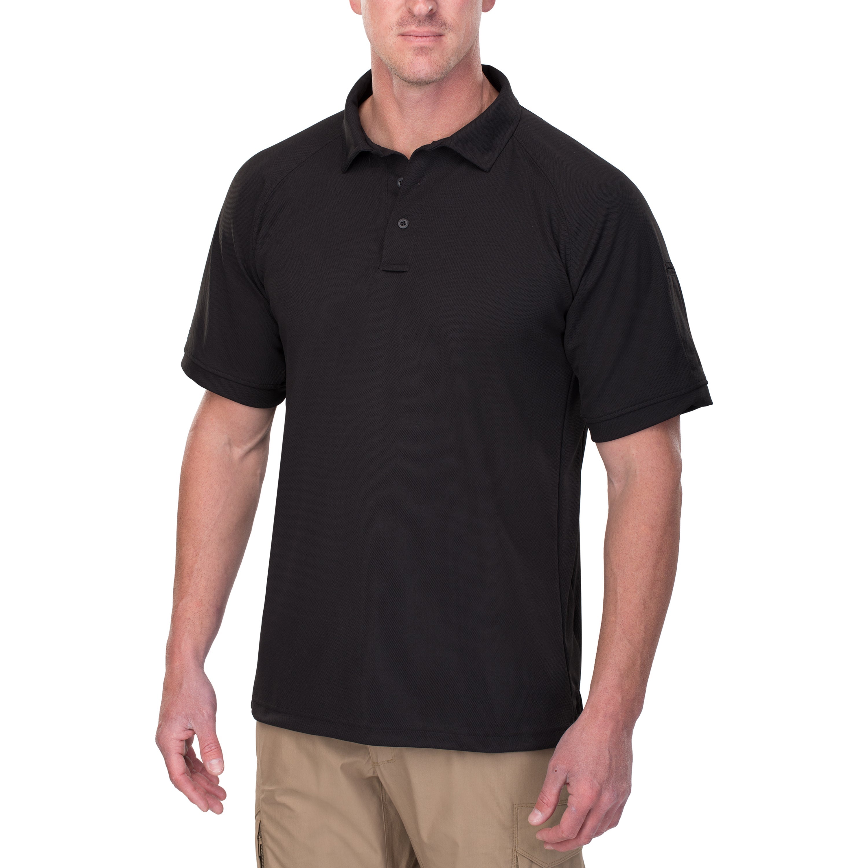 Product shot of a black, short-sleeved polo shirt with a two-button placket and raglan sleeves, modeled on a man against a white background.