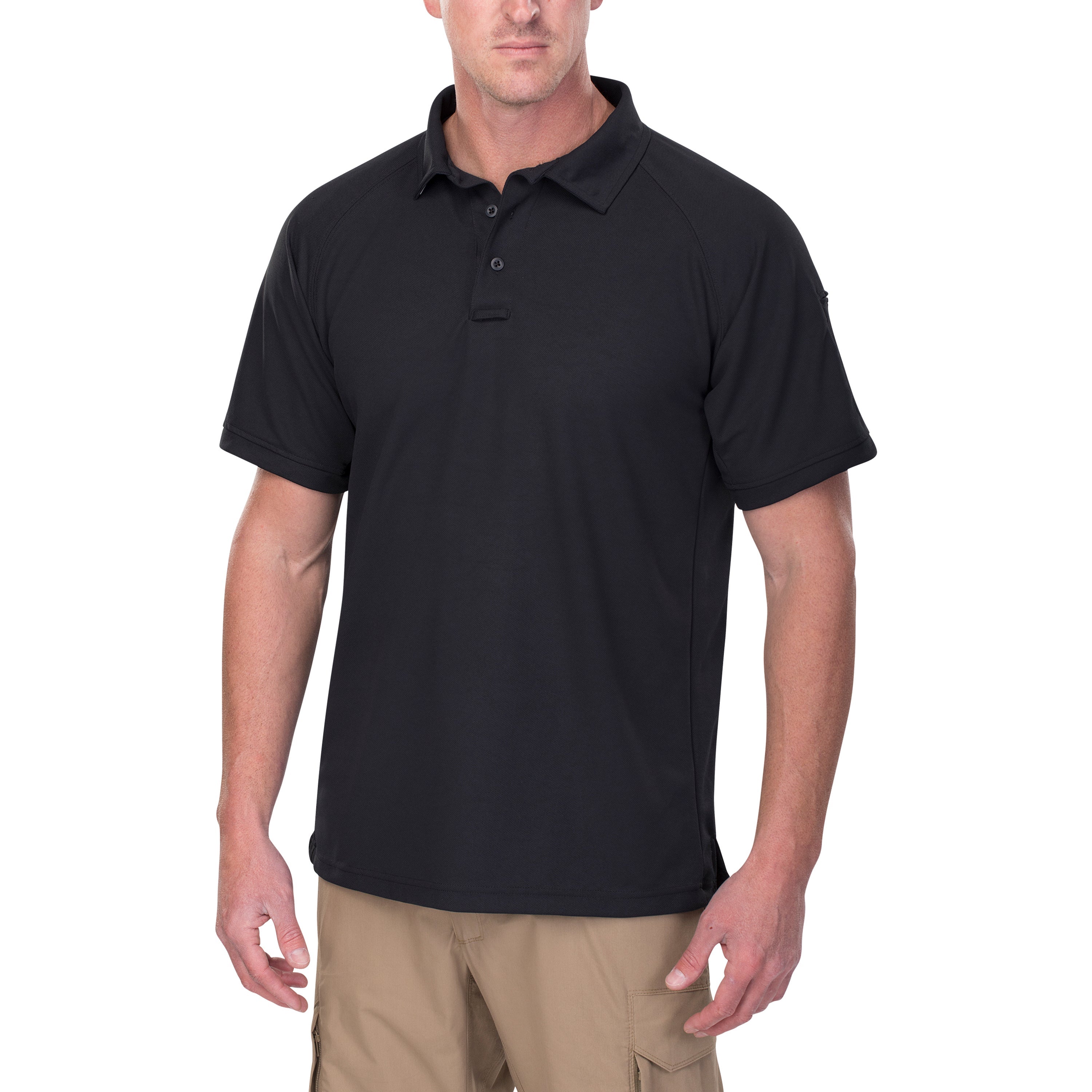 Product shot of a black short-sleeved polo shirt on a male model against a white background showing the shirt's textured fabric, three-button placket, and subtle stitching details