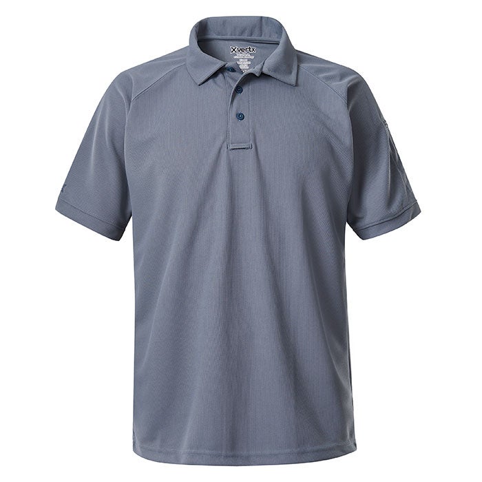Product shot of a Xvertx brand short sleeve polo shirt in steel gray featuring a three button placket and subtle textured fabric