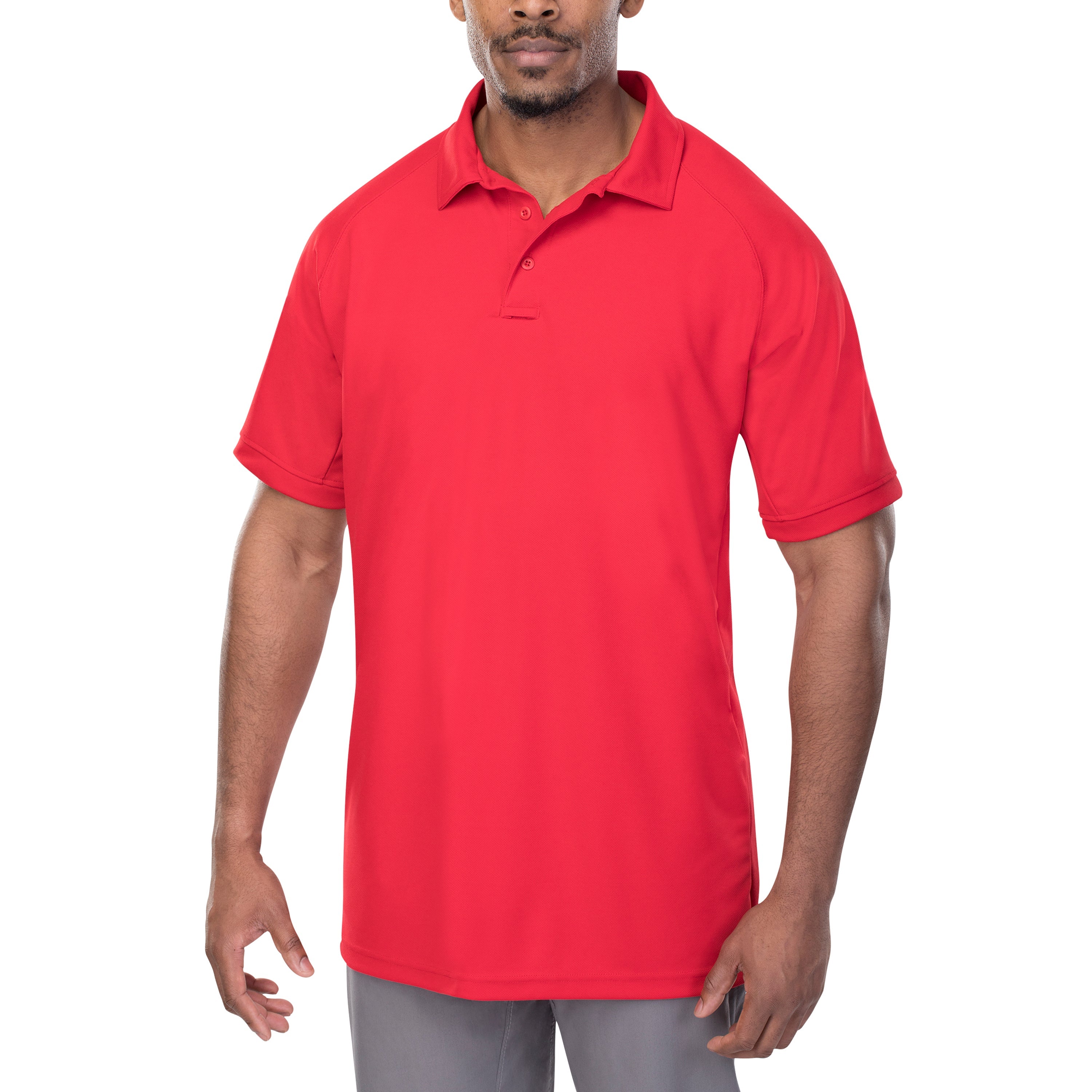 Product shot of a man modeling a vibrant red short-sleeved polo shirt with a three-button placket and subtly contrasting gray stitching on a white background.