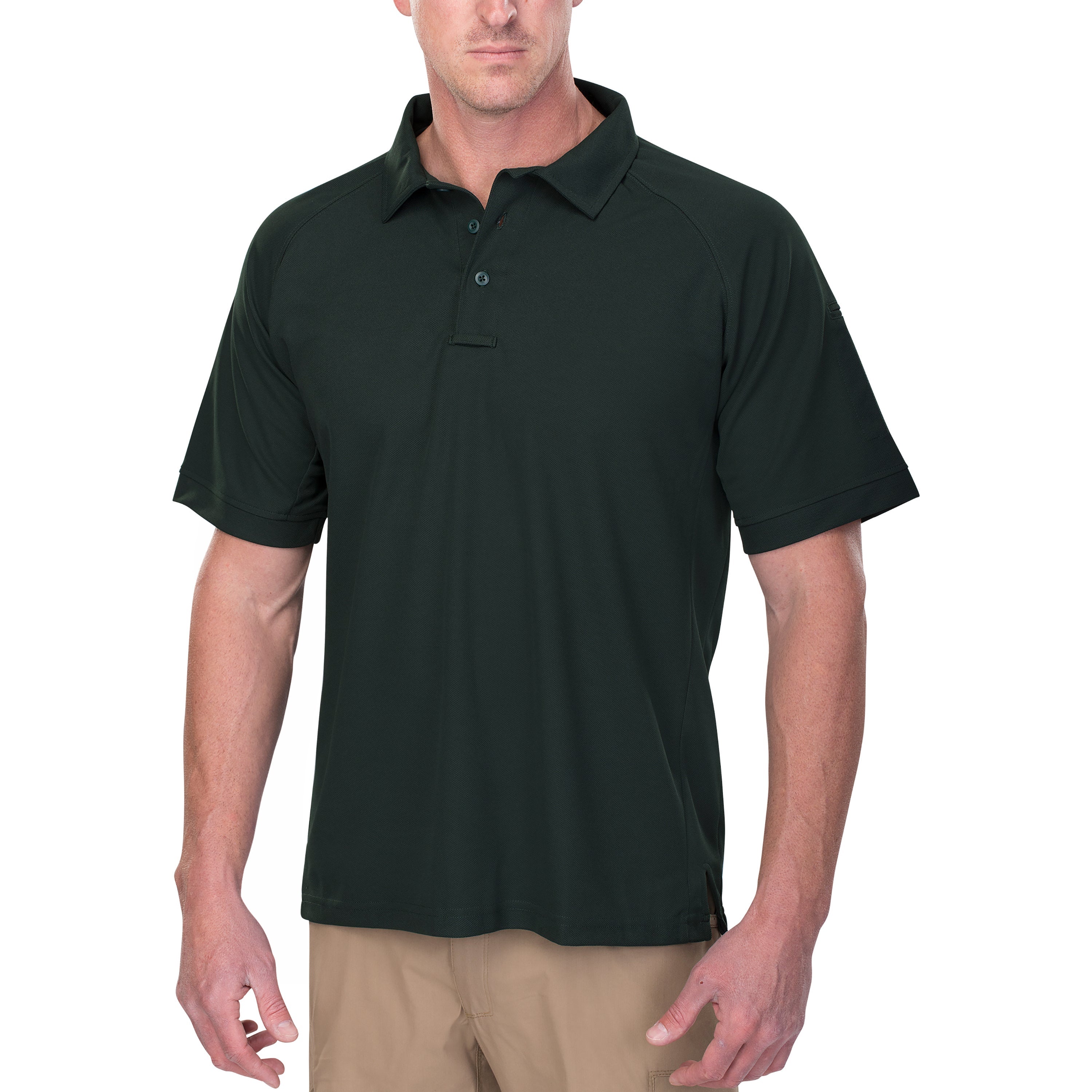 Product shot of a dark-green short-sleeved polo shirt with side slits and three buttons, modeled on a man against a white background.