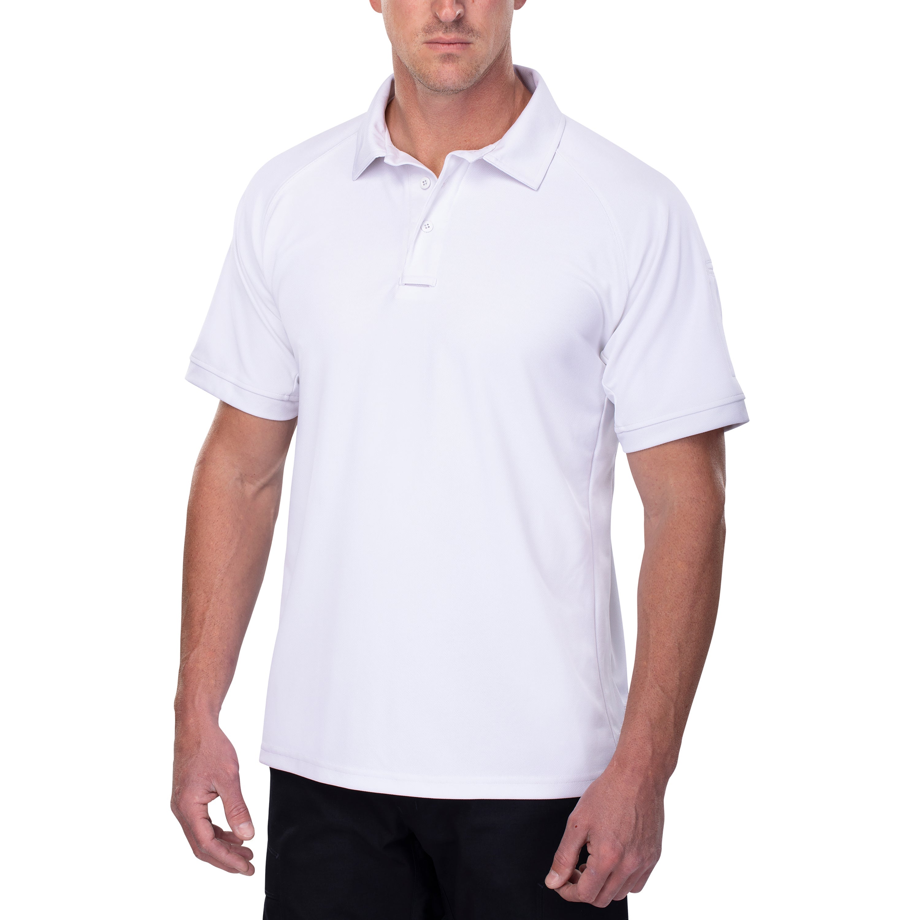 Studio shot of a man modeling a crisp white short-sleeved polo shirt with subtle grey stitching detail and a three-button placket against a plain white background